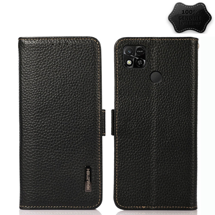 Black litchi genuine leather phone case with side magnetic closure, flip cover, stitching.