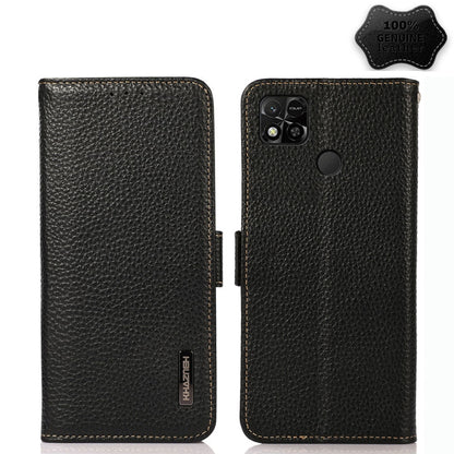 Black litchi genuine leather phone case with side magnetic closure, flip cover, stitching.
