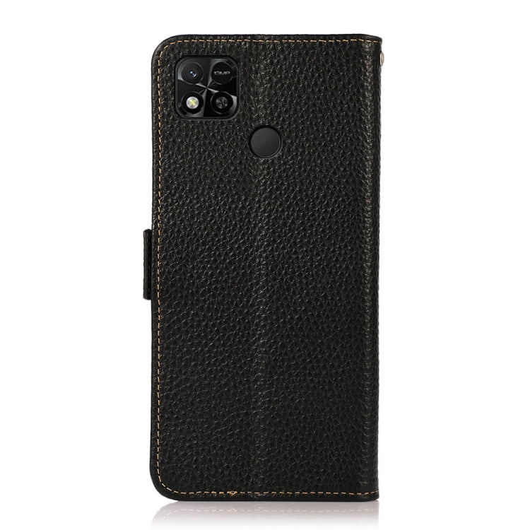Black litchi leather phone case with camera cutout and circular finger loop, flip style.