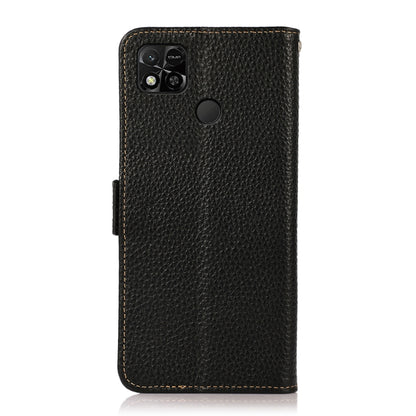 Black litchi leather phone case with camera cutout and circular finger loop, flip style.