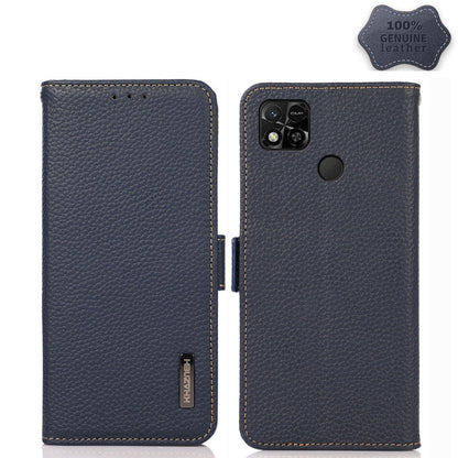 Blue litchi genuine leather magnetic flip phone case with camera cutout and punch holes