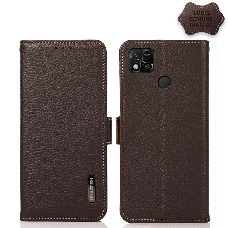 Brown litchi genuine leather magnetic flip phone case with camera cutout and punch holes