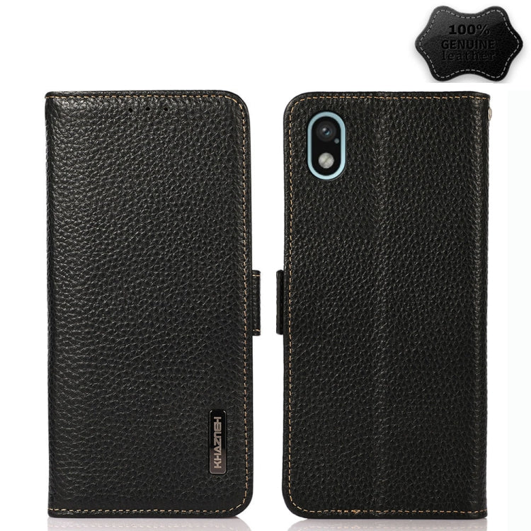 Black litchi genuine leather phone case set, front and back views, side magnetic closure.