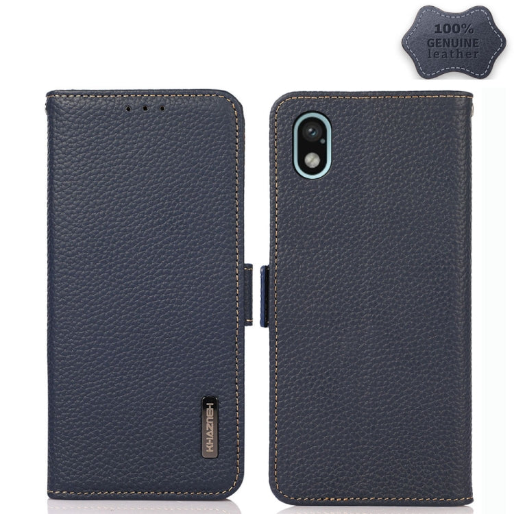 Blue litchi genuine leather magnetic flip case with camera cutout and side magnetic closure