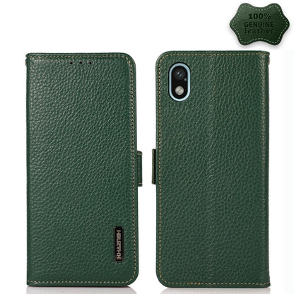 Green litchi genuine leather magnetic flip case with single camera cutout and side magnetic strip