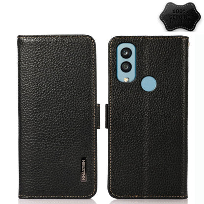 Black litchi leather phone case with camera cutout, circular loop, and side magnetic opening.