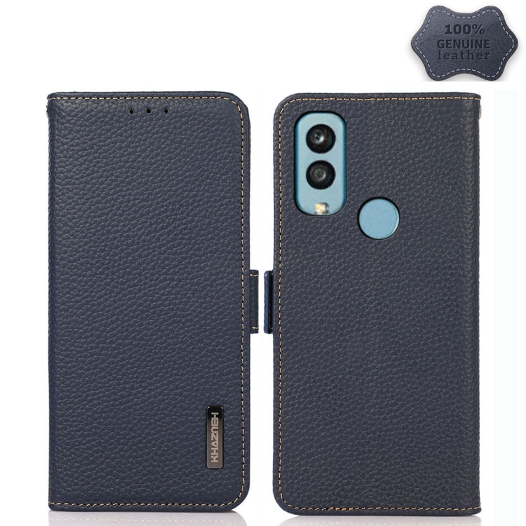 Blue litchi genuine leather magnetic flip phone case with dual camera cutouts and speaker hole
