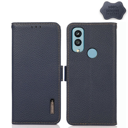 Blue litchi genuine leather magnetic flip phone case with dual camera cutouts and speaker hole