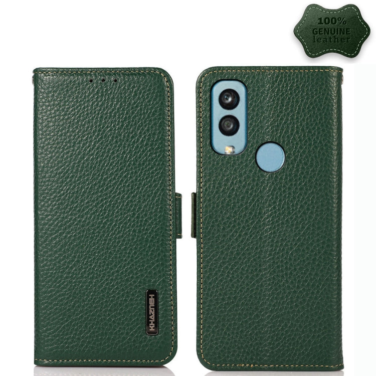 Green litchi genuine leather magnetic flip phone case with dual camera cutouts and speaker hole