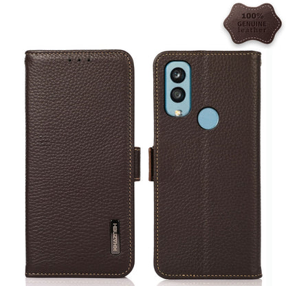 Brown litchi-textured genuine leather phone case with side magnetic clasp, camera cutout