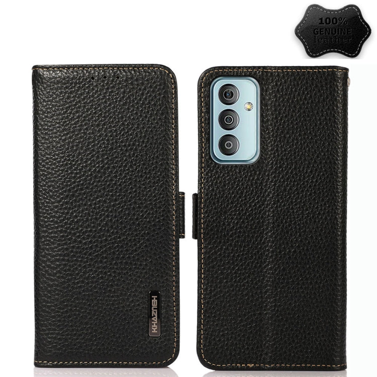 Black litchi leather flip phone case with camera cutout and side magnetic closure.