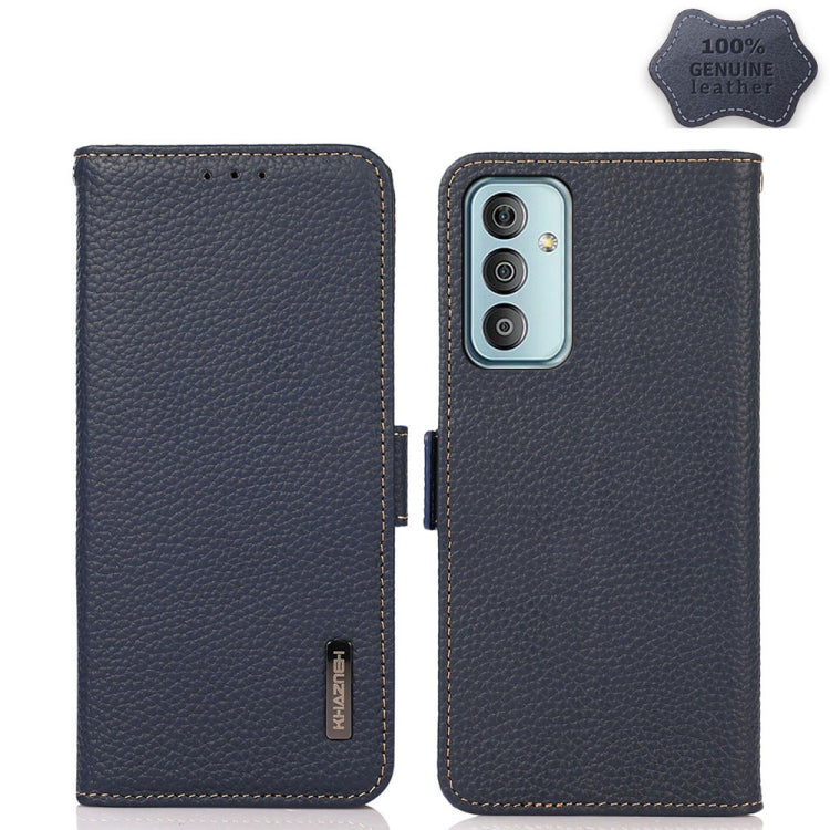 Blue litchi genuine leather magnetic flip case with triple camera cutout and round camera area