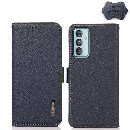 Blue litchi genuine leather magnetic flip case with triple camera cutout and round camera area