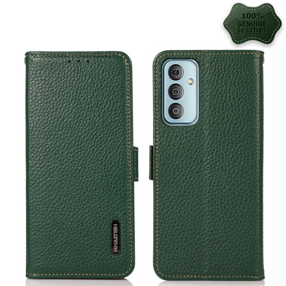 Green litchi genuine leather magnetic flip case with triple camera cutout and round camera area