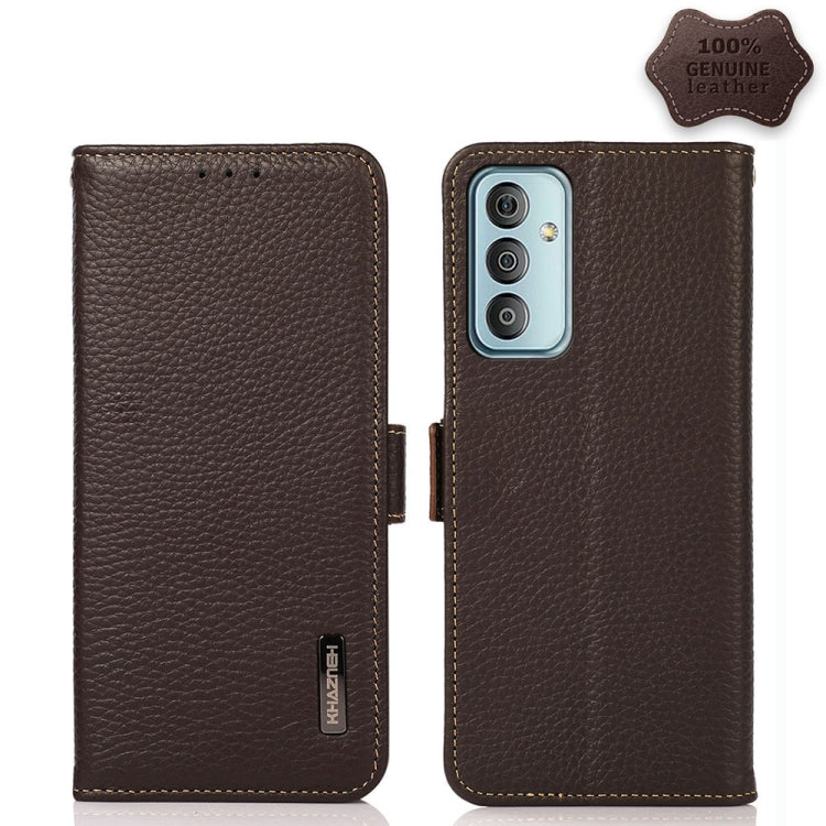 Brown litchi-textured genuine leather phone case with side magnetic clasp and camera cutout