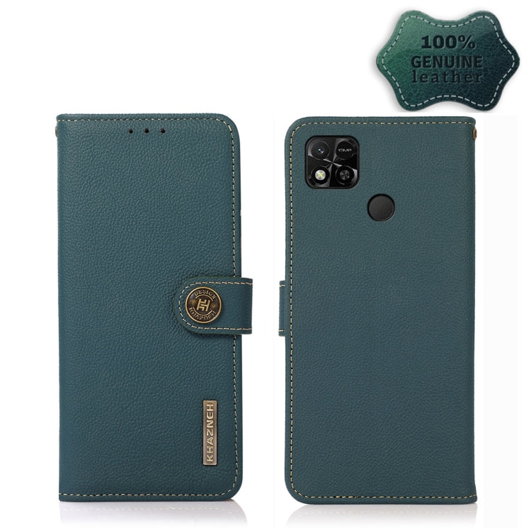 Green leather flip phone case with side strap; back shows triple camera cutout and oval button