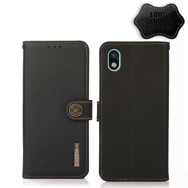Black genuine leather RFID folio phone case with magnetic flap and stitched edges