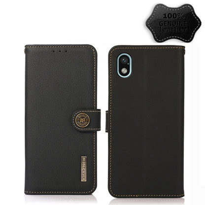 Black genuine leather RFID folio phone case with magnetic flap and stitched edges