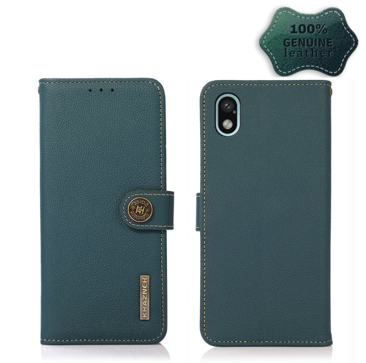 Green leather flip phone case with side strap; back shows single camera cutout and oval button