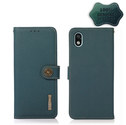 Green leather flip phone case with side strap; back shows single camera cutout and oval button