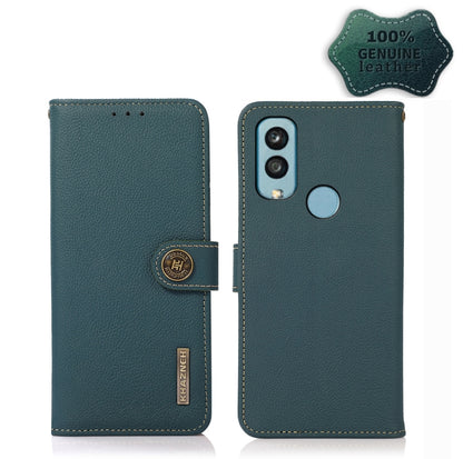 Green leather flip phone case with side strap; back shows dual camera cutout and oval button