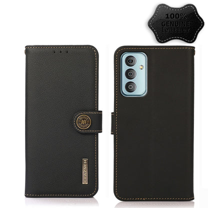 Black leather RFID folio phone case with triple-camera cutout and side opening