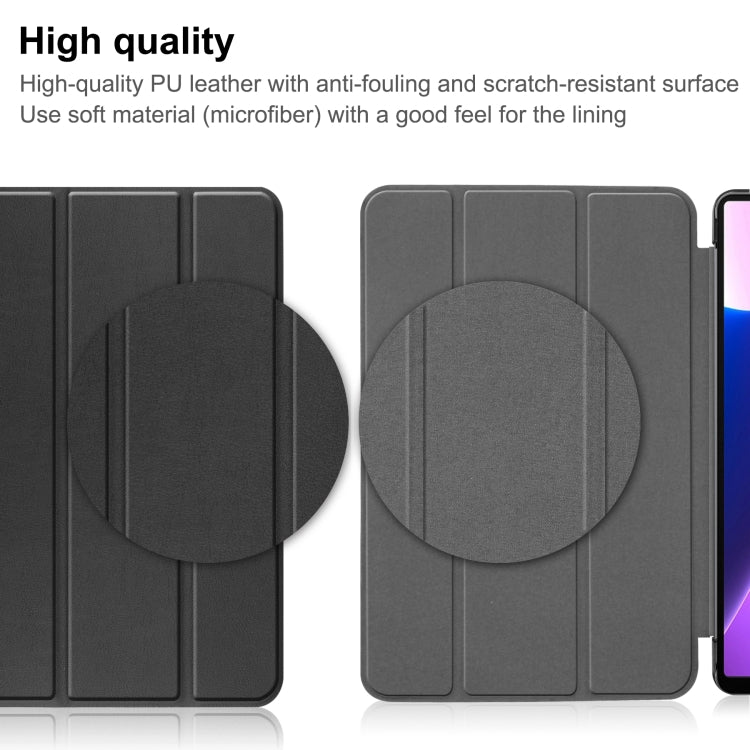 Black 3-fold tablet case with circular stand area and visible side fold panels