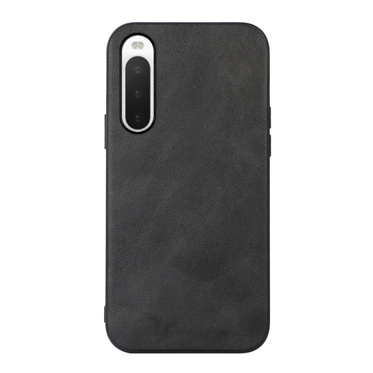 Black cowhide-textured PU phone case with front camera cutout and side buttons