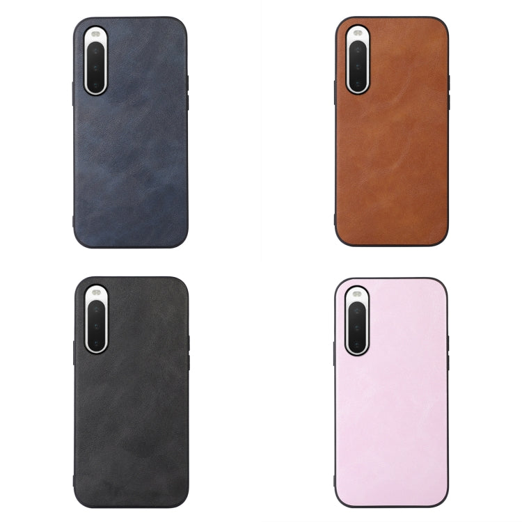 Cowhide-textured PU phone case set: blue, brown, black, and pink front views