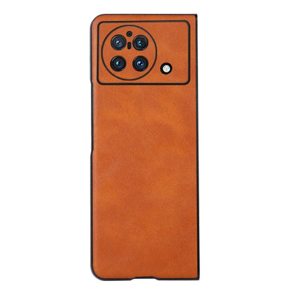 Orange-brown cowhide-textured PU phone case with camera module cutout and flash hole