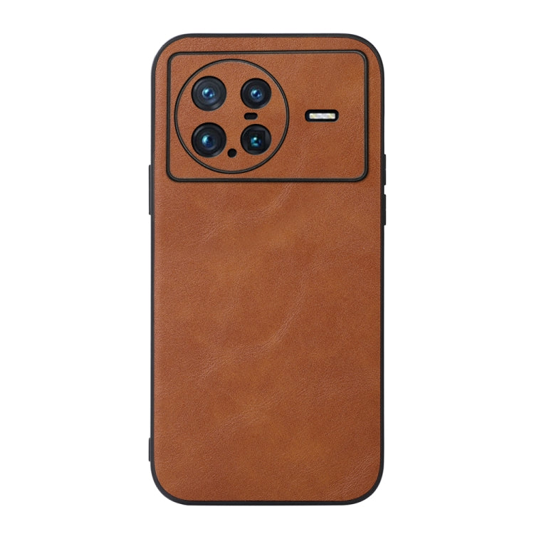 Cowhide-texture PU phone case, brown; back view with camera cutout
