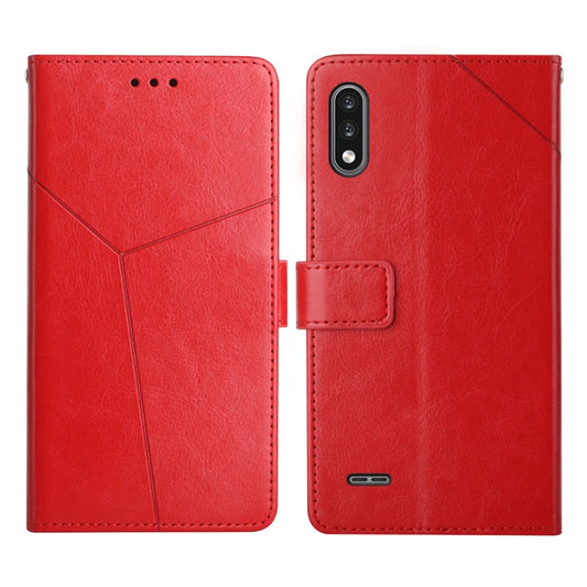 Red leather horizontal flip phone case with geometric stitching, camera cutout, and clasp