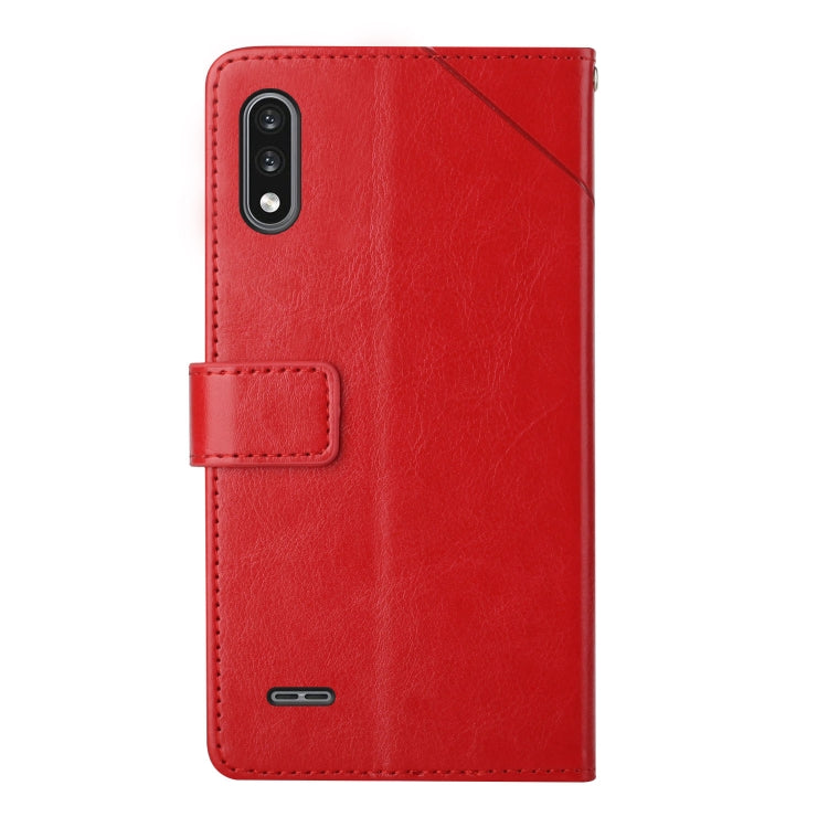 Red leather flip phone case back view with camera cutout, card strap, and side button opening