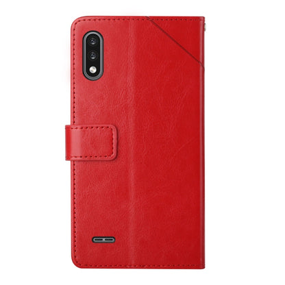 Red leather flip phone case back view with camera cutout, card strap, and side button opening