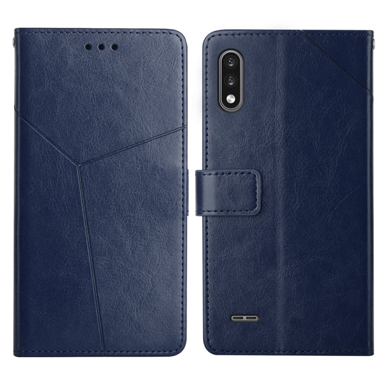 Blue leather horizontal flip phone case with geometric stitching, camera cutout, and card clasp