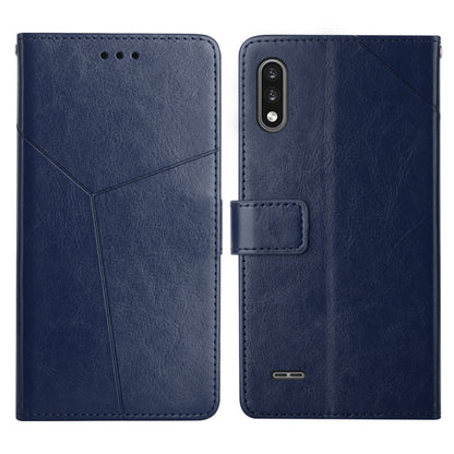 Blue leather horizontal flip phone case with geometric stitching, camera cutout, and card clasp
