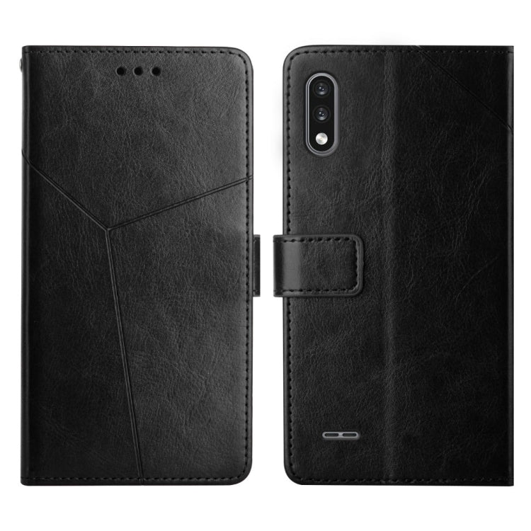 Black leather horizontal flip phone case with geometric stitching, camera cutout, and card clasp