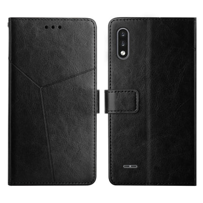 Black leather horizontal flip phone case with geometric stitching, camera cutout, and card clasp