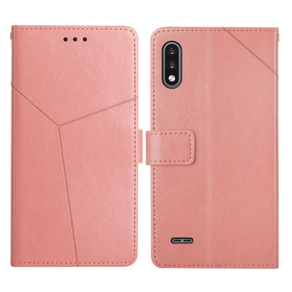 Pink leather flip phone case with stitched lines and front card holder, cover closed and open