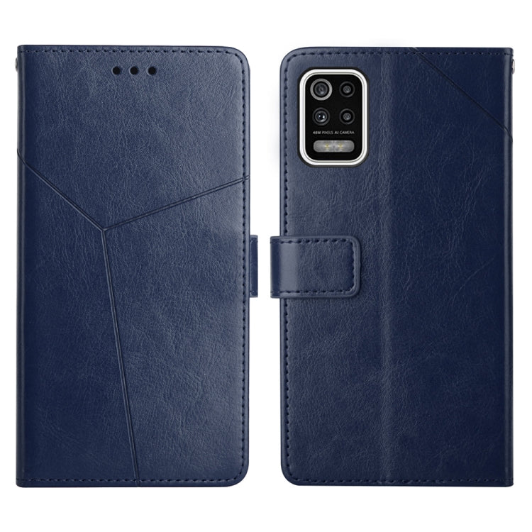 Blue leather flip phone case with stitched lines and front card holder, cover closed and open