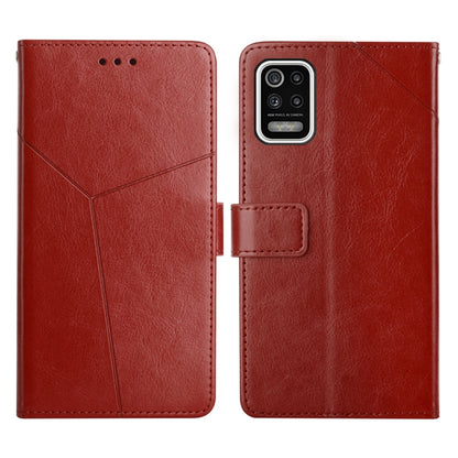 Red leather flip phone case with stitched lines and front card holder, back view and open cover