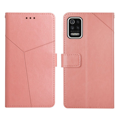 Pink leather flip phone case with stitched lines and front card holder, back view and open cover