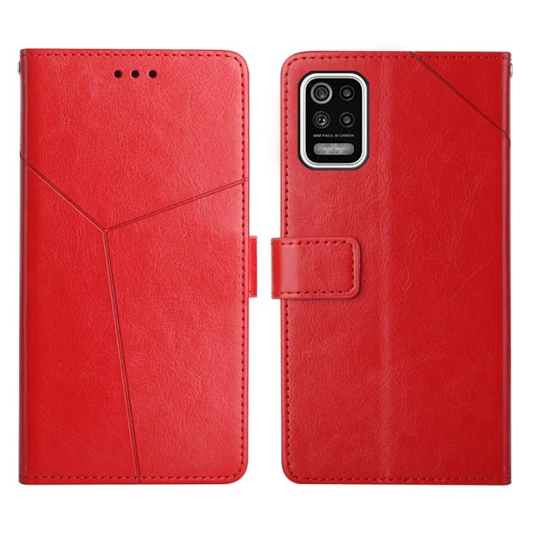 Red leather flip phone case with stitched lines and front card holder, back and front views