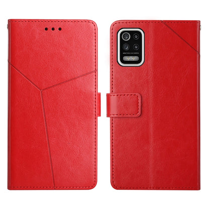 Red leather flip phone case with stitched lines and front card holder, back and front views