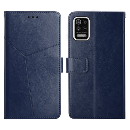 Blue leather flip phone case with stitched lines and front card holder, back and front views