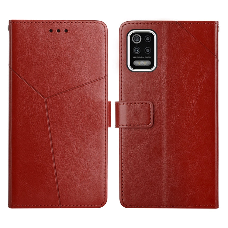 Red leather flip phone case with stitched lines and front card holder, open and closed
