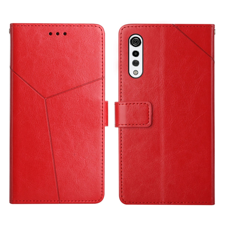 Red leather flip phone case with card slot and camera cutout, stitched diagonal lines