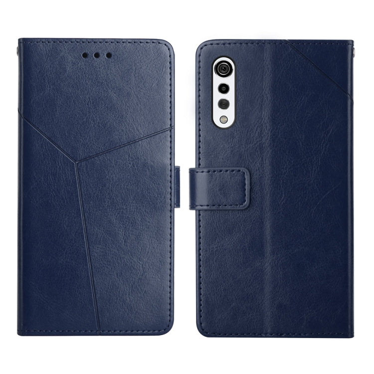 Blue leather flip phone case with card slot and camera cutout, stitched diagonal lines