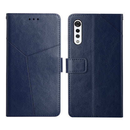 Blue leather flip phone case with card slot and camera cutout, stitched diagonal lines