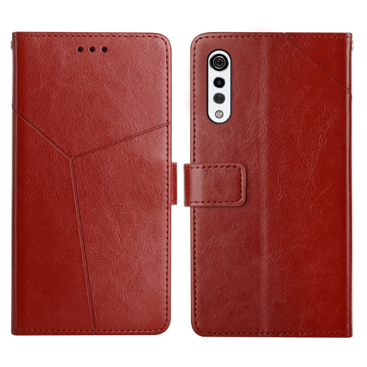 Red leather flip phone case with card slot and camera cutout, stitched diagonal panels